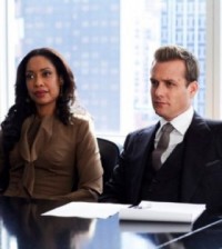 Gina Torres as Jessica Pearson, Gabriel Macht as Harvey Specter -- (Photo by: Shane Mahood/USA Network)