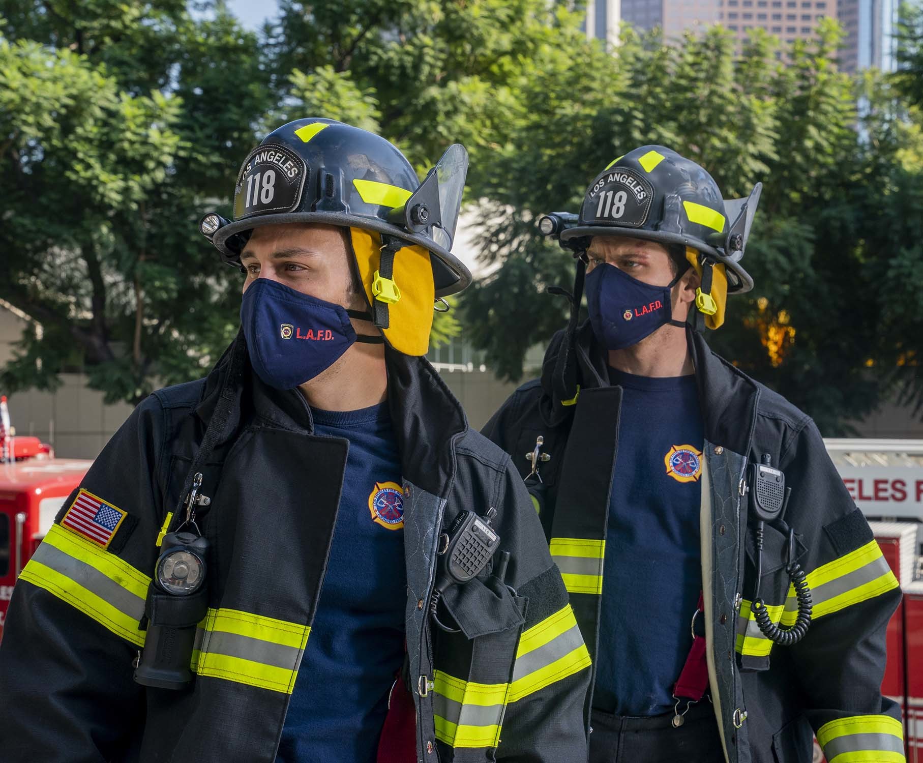 9-1-1: L-R: Ryan Guzman and Oliver Stark in the “9-1-1, What's Your Grievance” episode of 9-1-1 airing Monday, Feb. 8 (8:00-9:00 PM ET/PT) on FOX. CR: Jack Zeman / FOX. © 2021 FOX Media LLC.