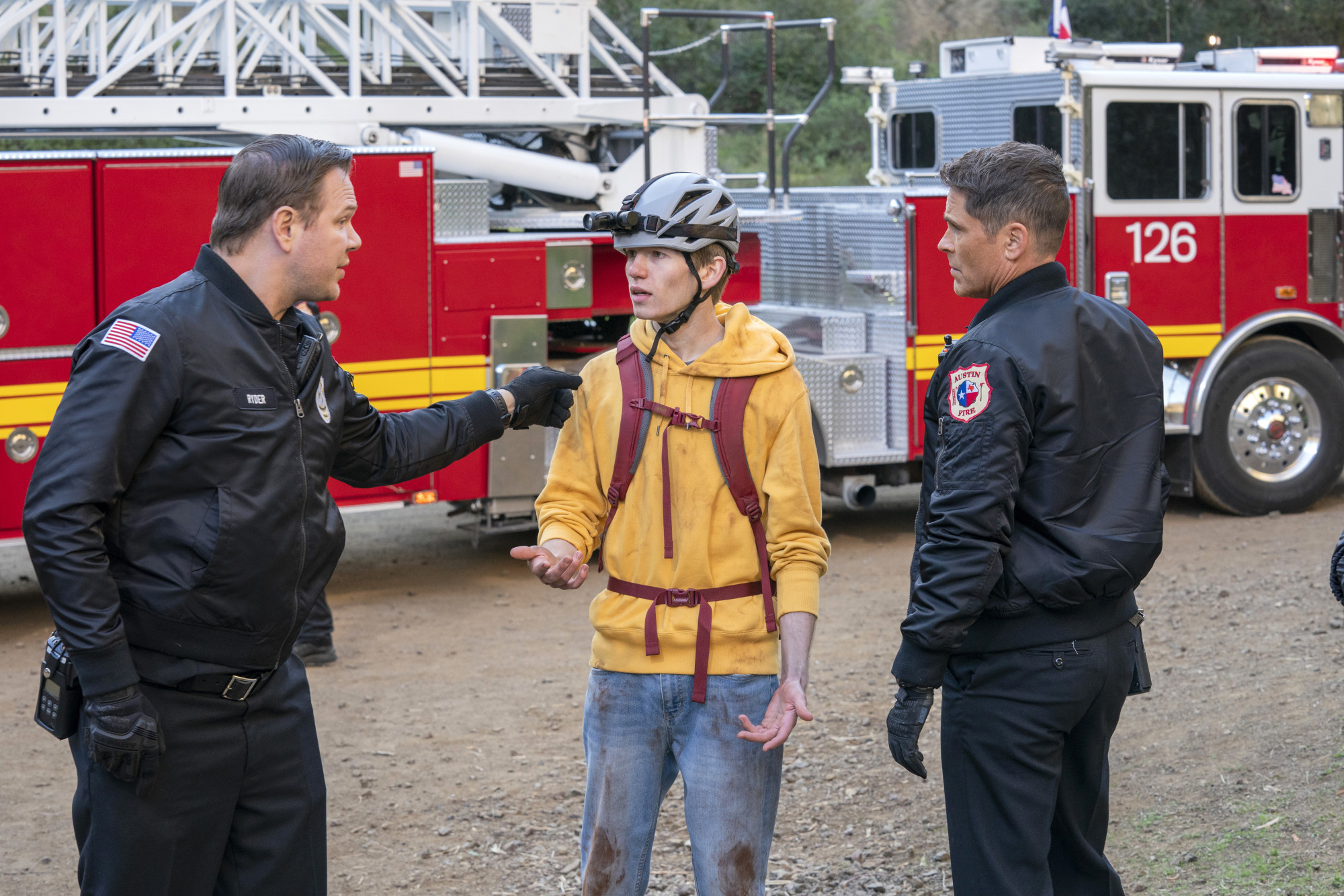 9-1-1: LONE STAR: L-R: Jim Parrack, guest star Will Spencer and Rob Lowe in "Awakening/Austin, We Have A Problem" two-hour season finale of 9-1-1: LONE STAR airing Monday, March 9 (8:00-10:00 PM ET/PT) on FOX. ©2020 Fox Media LLC. CR: Jack Zeman/FOX.