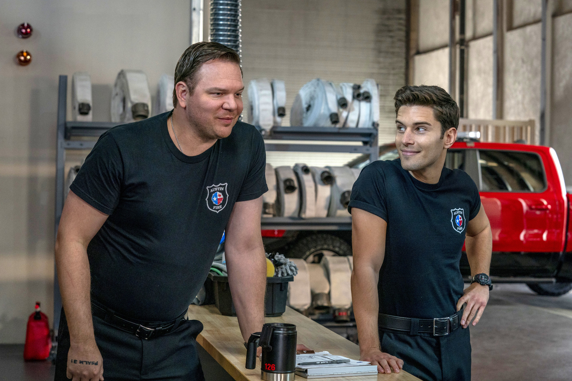 9-1-1: LONE STAR: L-R: Jim Parrack and Ronen Rubinstein in the “Monster Inside” episode of 9-1-1: LONE STAR airing Monday, March 2 (8:00-9:01 PM ET/PT) on FOX. ©2020 Fox Media LLC. CR: Jack Zeman/FOX.