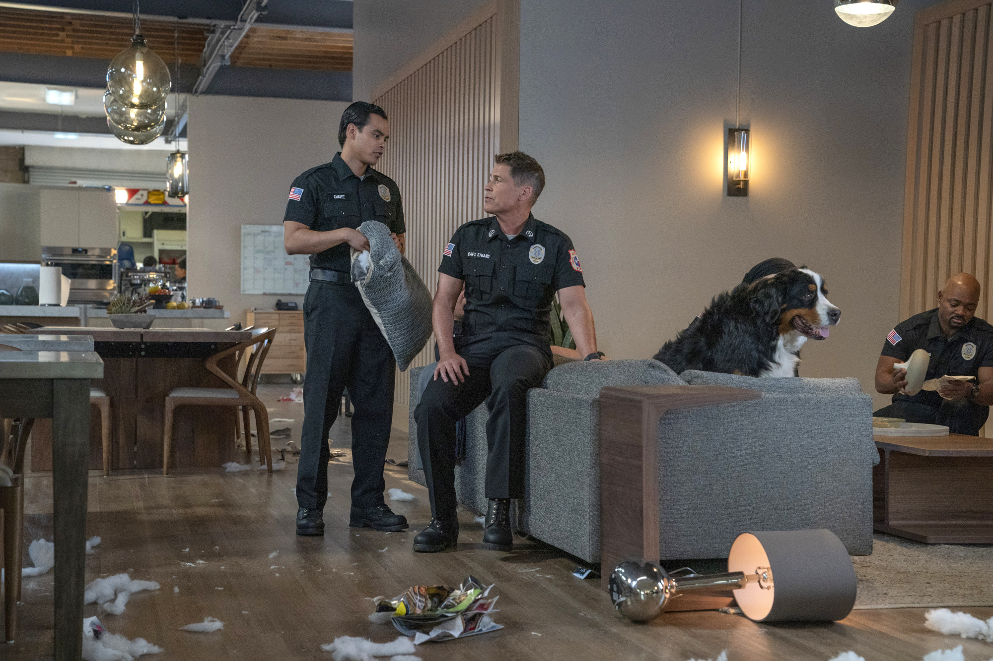 9-1-1: LONE STAR: L-R: Julian Works, Rob Lowe and Brian Michael Smith in the “Monster Inside” episode of 9-1-1: LONE STAR airing Monday, March 2 (8:00-9:01 PM ET/PT) on FOX. ©2020 Fox Media LLC. CR: Jack Zeman/FOX.