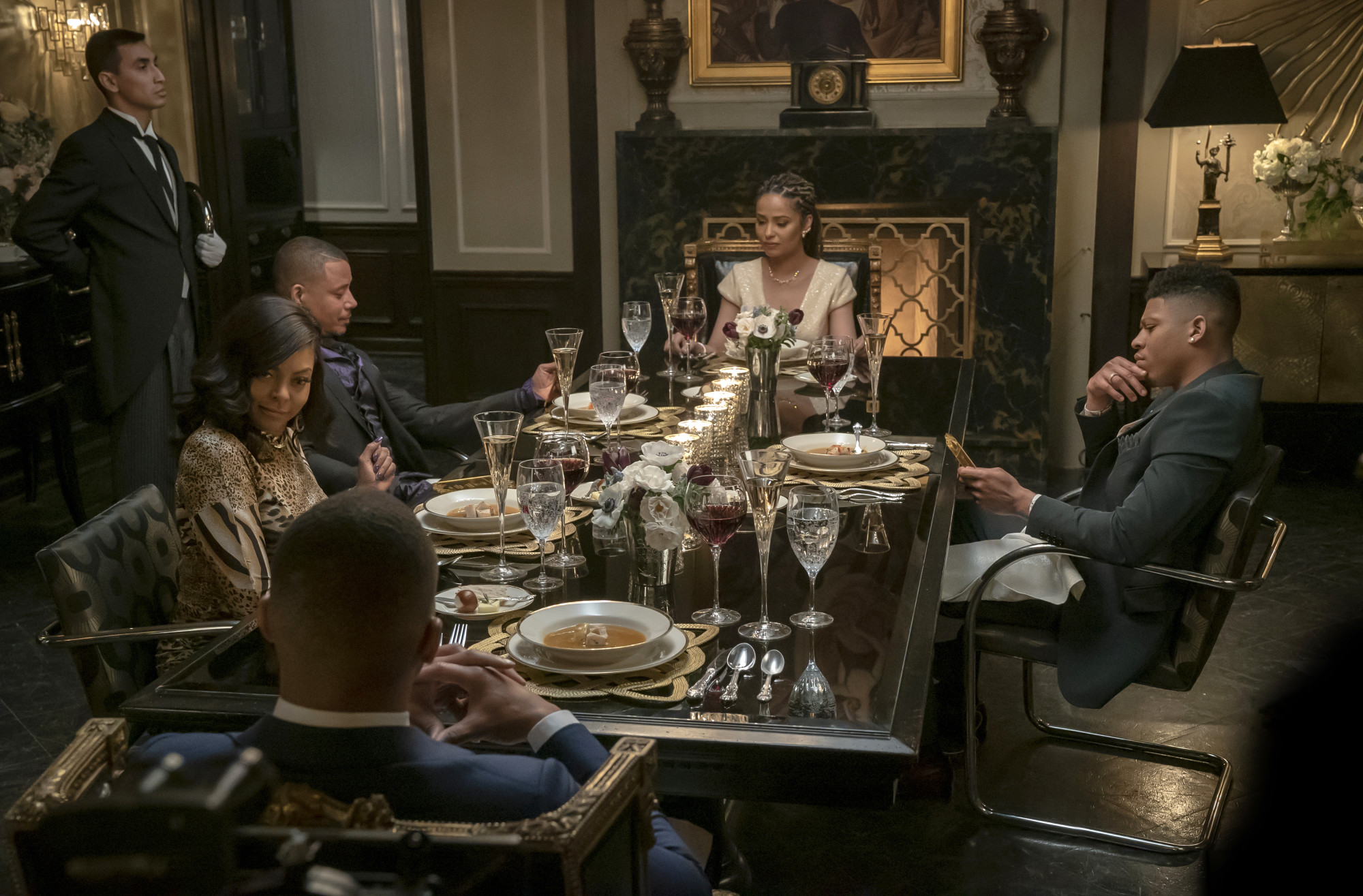 EMPIRE: L-R: Trai Byers, Taraji P. Henson, Terrence Howard, Meta Golding and Bryshere Y. Gray in the "Love Me Still" episode of EMPIRE airing Tuesday, March 31 (9:00-10:00 PM ET/PT) on FOX. ©2020 Fox Media LLC. CR: Chuck Hodes/FOX.