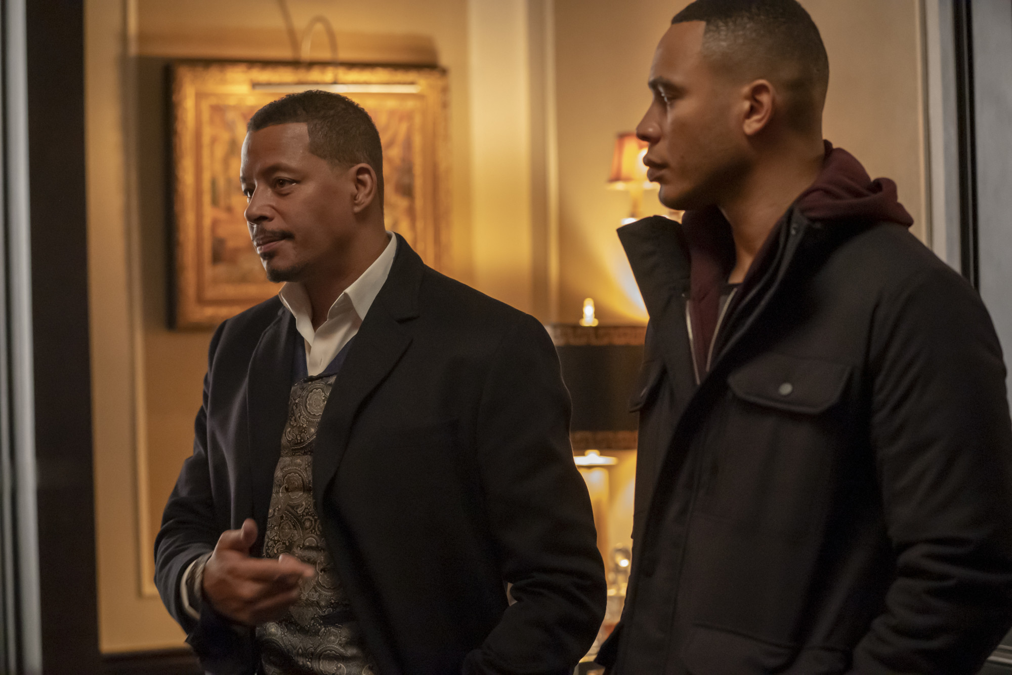 EMPIRE: L-R: Terrence Howard and Trai Byers in the "We Got Us" series' 100th episode of EMPIRE airing Tuesday, April 7 (9:00-10:00 PM ET/PT) on FOX. ©2020 Fox Media LLC. CR: Chuck Hodes/FOX.