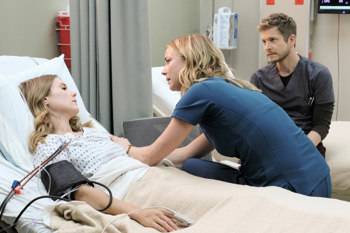 THE RESIDENT:  L-R: Guest star Julianna Guill, Emily VanCamp and Matt Czuchry in the "Trial & Error" episode of THE RESIDENT airing Monday, Nov. 5 (8:00-9:00 PM ET/PT) on FOX. ©2018 Fox Broadcasting Co. Cr: Guy D'AlemaFOX.