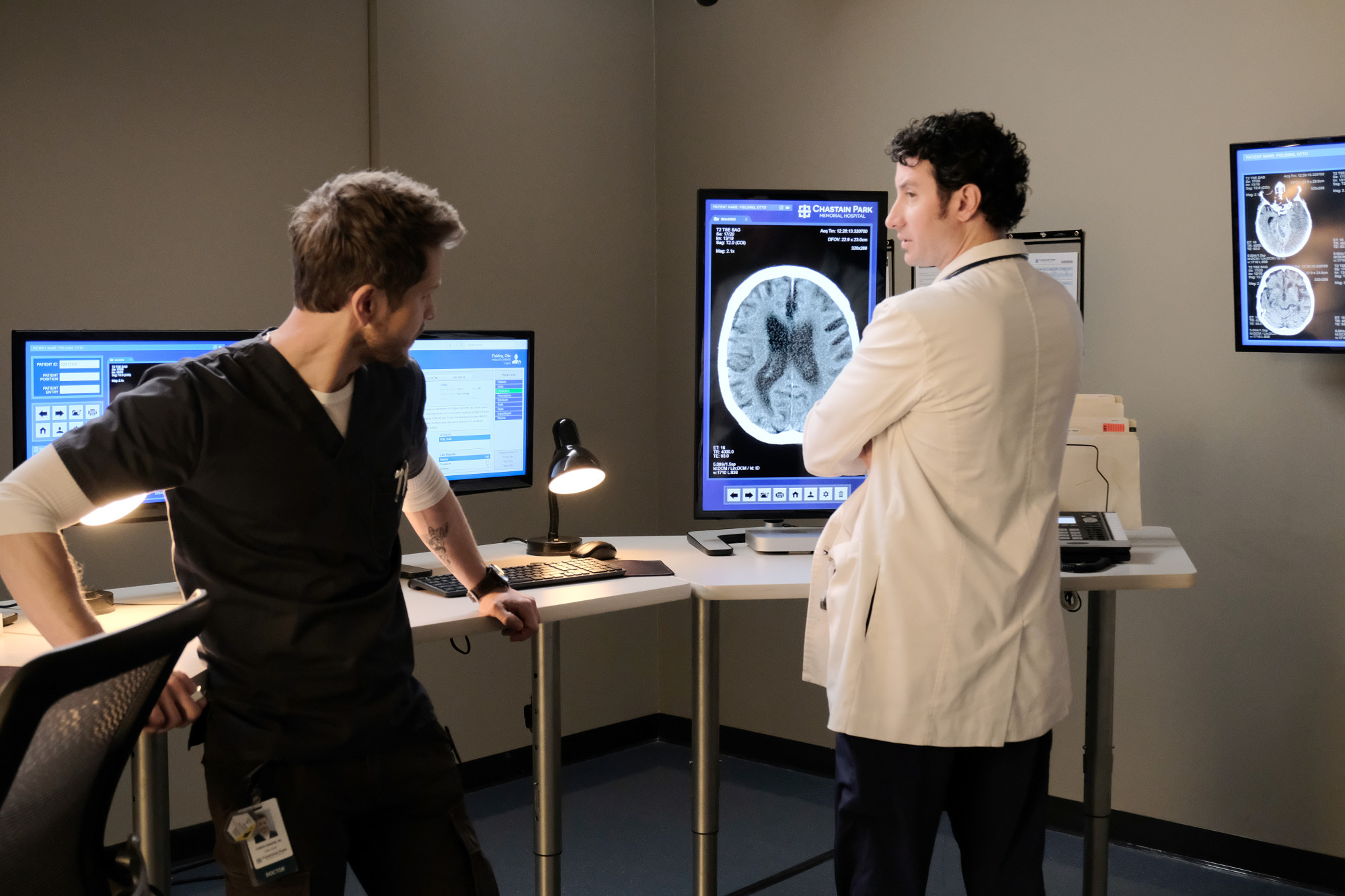 THE RESIDENT: L-R: Matt Czuchry and guest star Michael Hogan in the "Stupid Things In The Name of Sex" episode of THE RESIDENT airing Monday, Feb. 11 (8:00-9:00 PM ET/PT) on FOX. ©2018 Fox Broadcasting Co. Cr: Guy D'Alema/FOX.